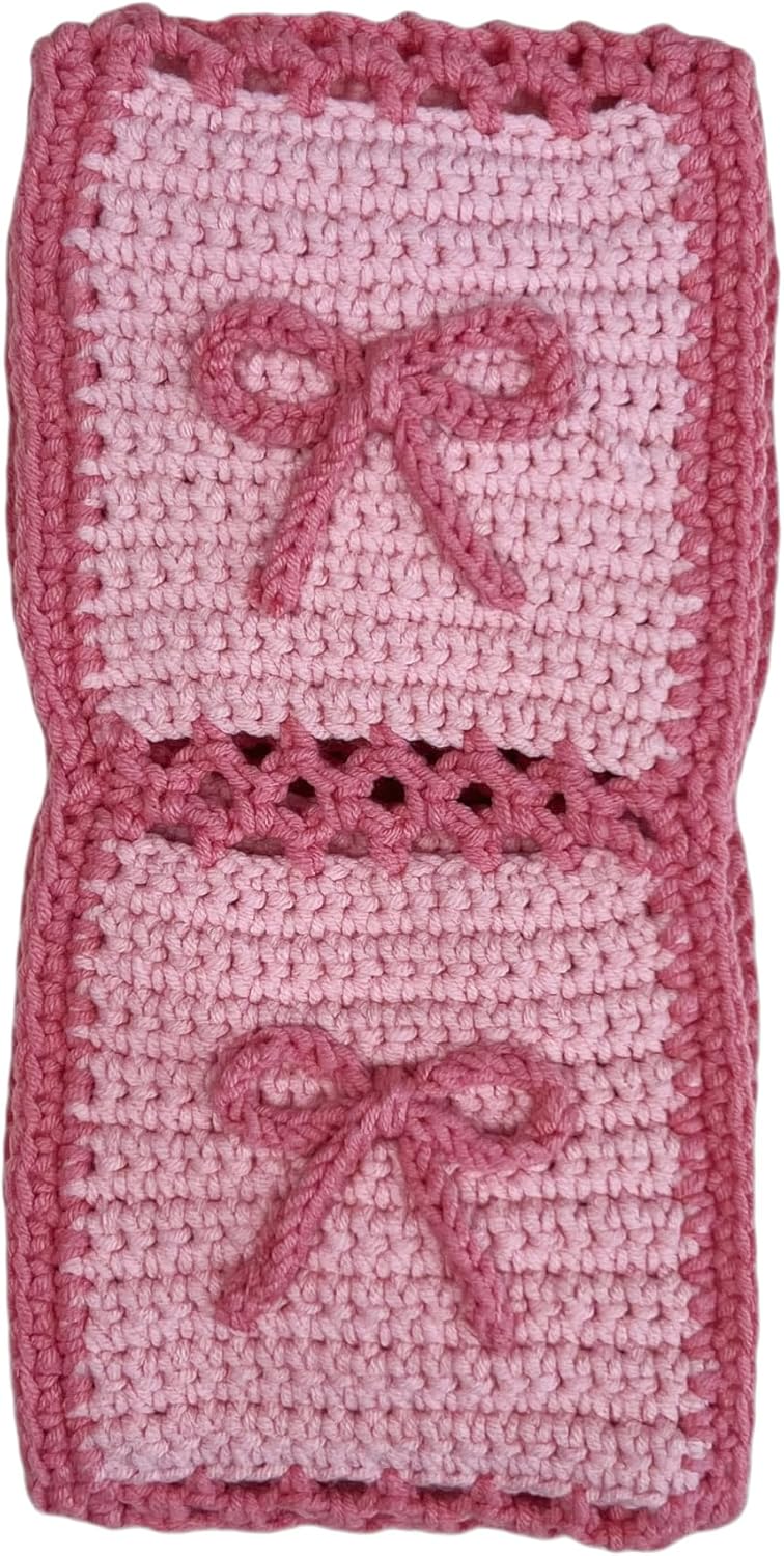 Handmade Crochet Pink Bow Granny Square Car Steering Wheel Covers Universal 14-15 inch for Women and Men (Steer Wheel Cover) (Steer Wheel Cover+ 2 Belt Cover+2 Coaster)