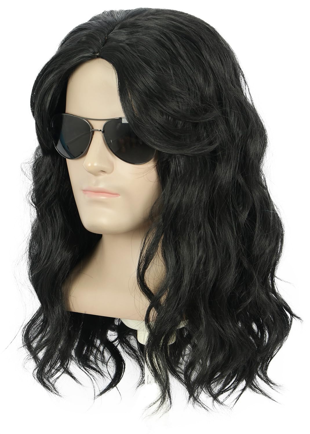 yuehong Long Curly Black 70s 80s Men Wig Rock Star Party Costume Hair Heat Resistant Synthetic Fibers Fluffy Durable Breathable Wig - Image 2