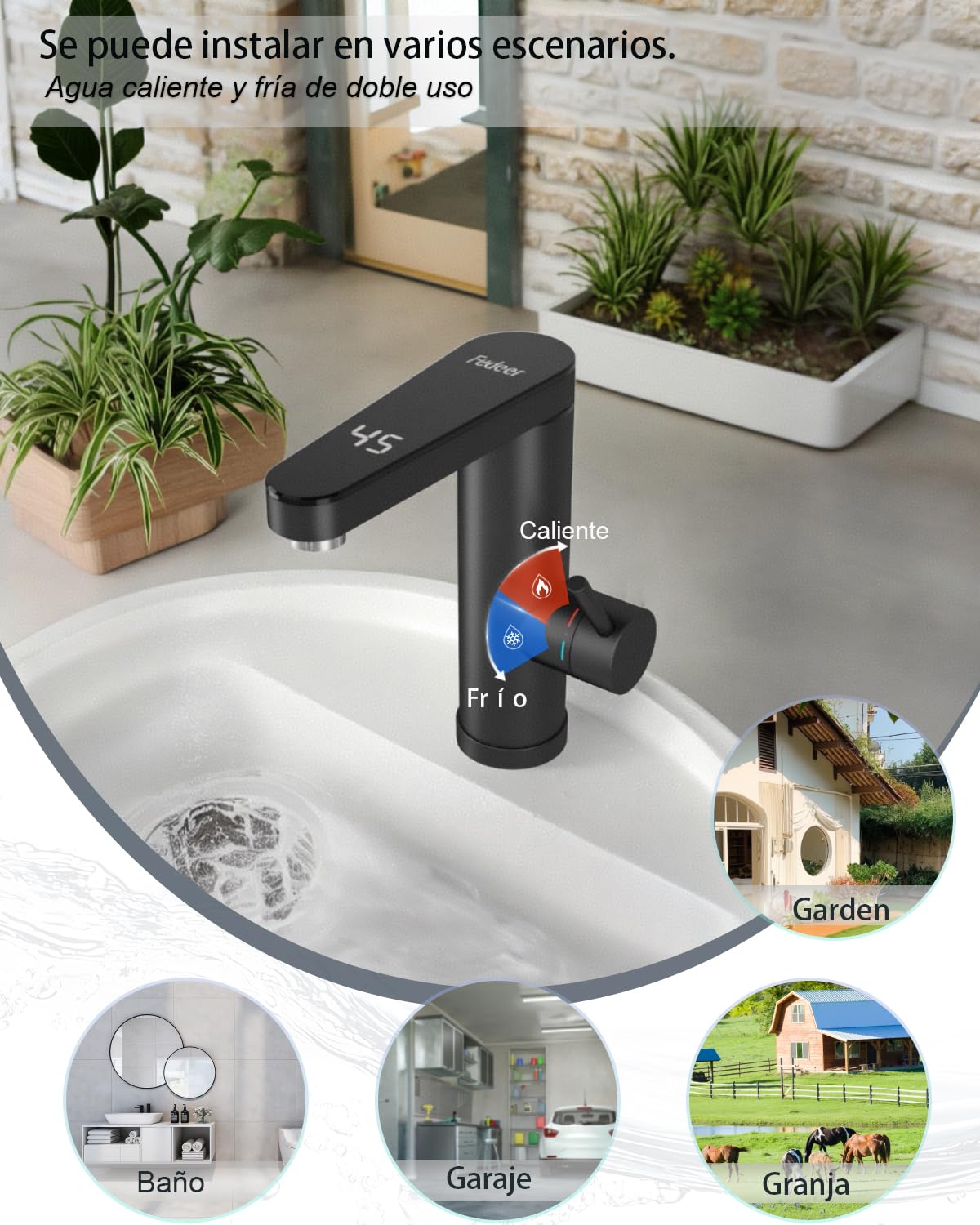 Grifo de calentador de acero inoxidable, Grifo eléctrico con calentador de corriente con indicador de temperatura digital, Salida giratoria de 120 grados, Instalaciones de baño eléctricas