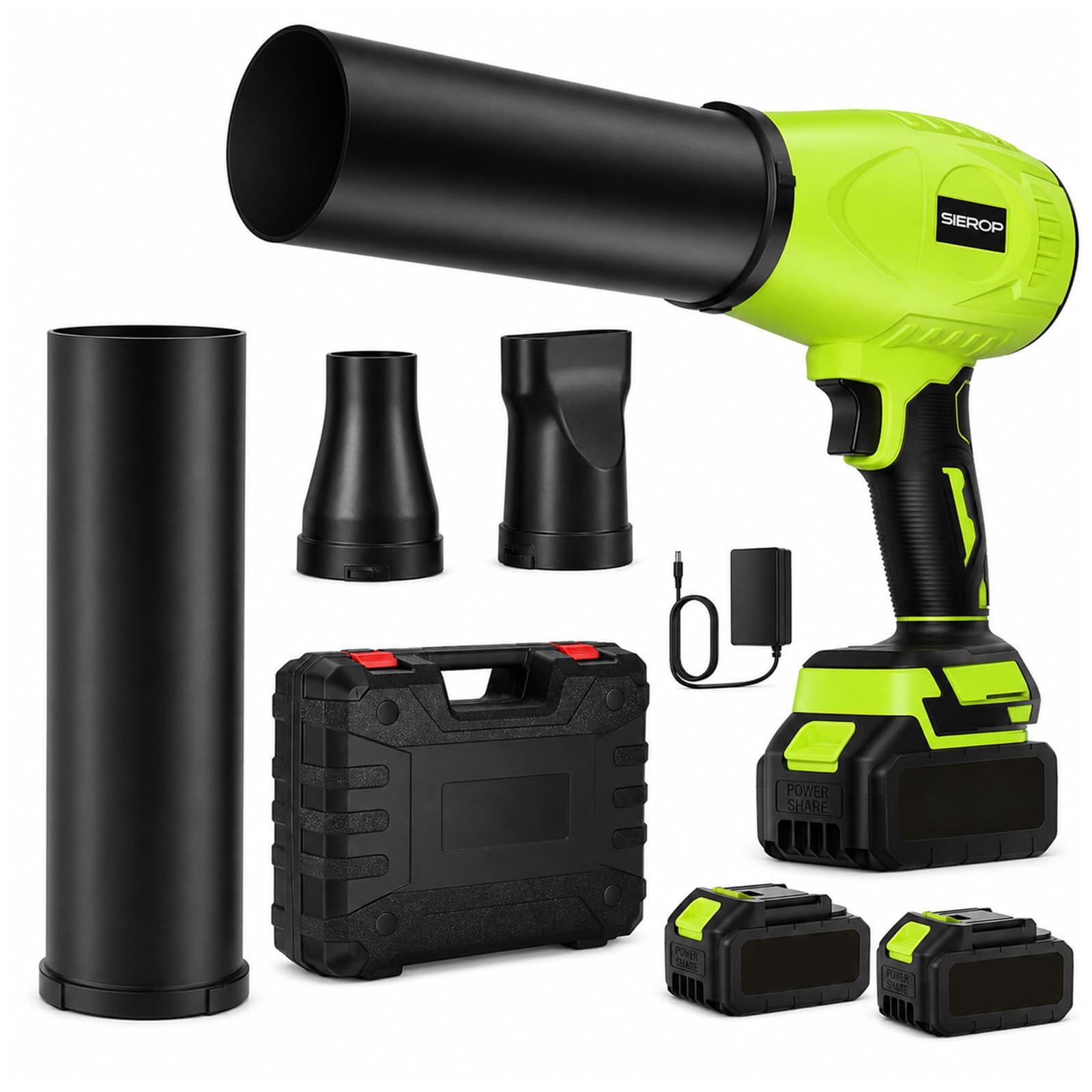Soplador de Hojas Gran Soplo, 21V, con Dos Pilas, Soplador de Aire Potente con Motor sin Escobillas, Liviano y Silencioso, Aspirador Hojas Jardin con Tres Tubos para Césped, Jardín, Hojas y Polvo