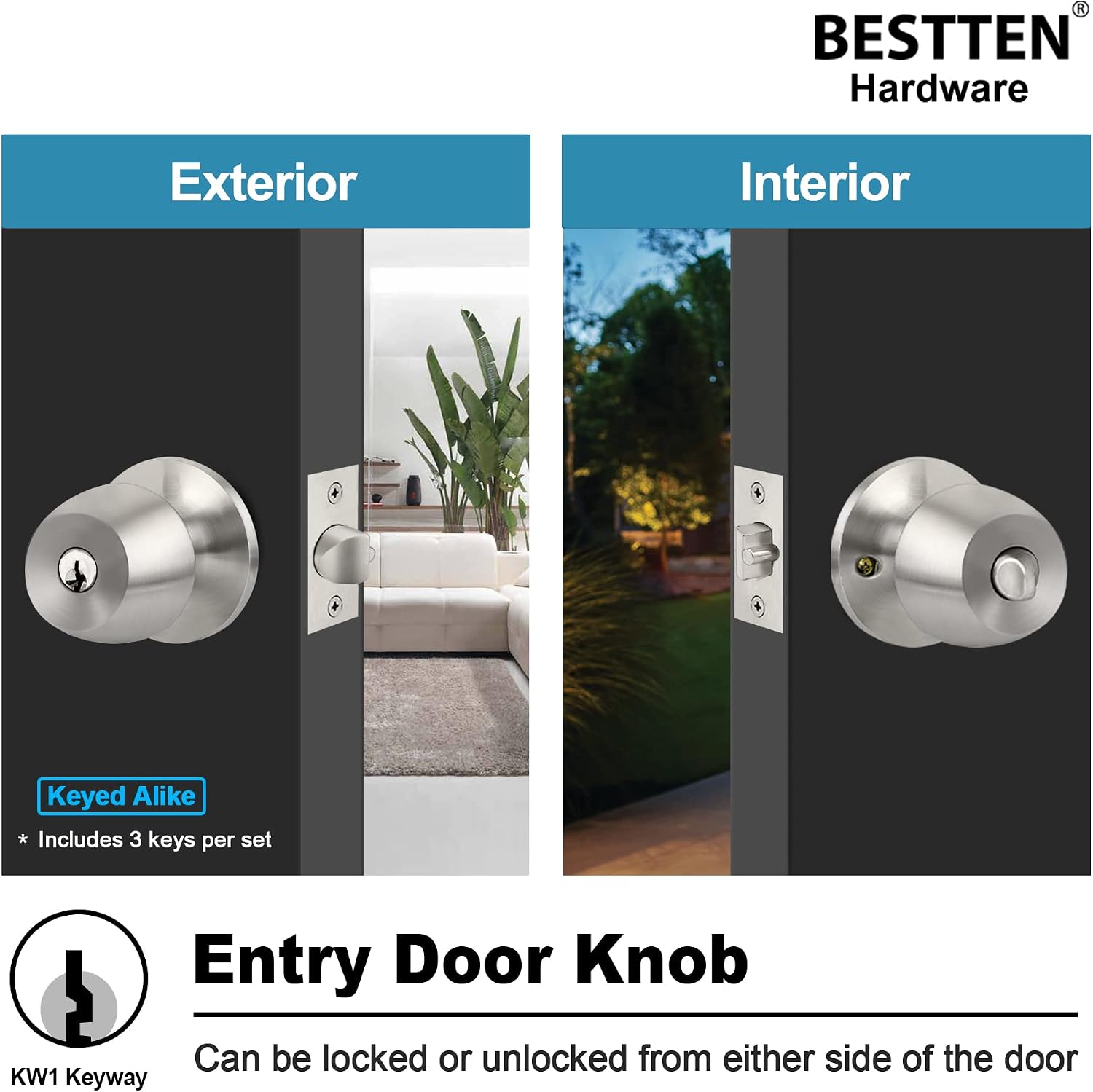 BESTTEN [3 Pack] Keyed Alike Entry Door Knob with Same Keys for Exterior or Interior Doors, All Metal, Satin Nickel, Amsterdam Series