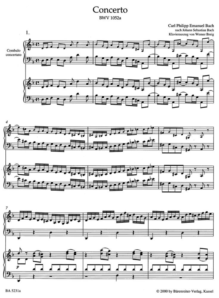 BACH C.P.E. - Concerto in Re minore (BWV:1052a) per 2 Piani a 4 mani (Urtext) (Breig)