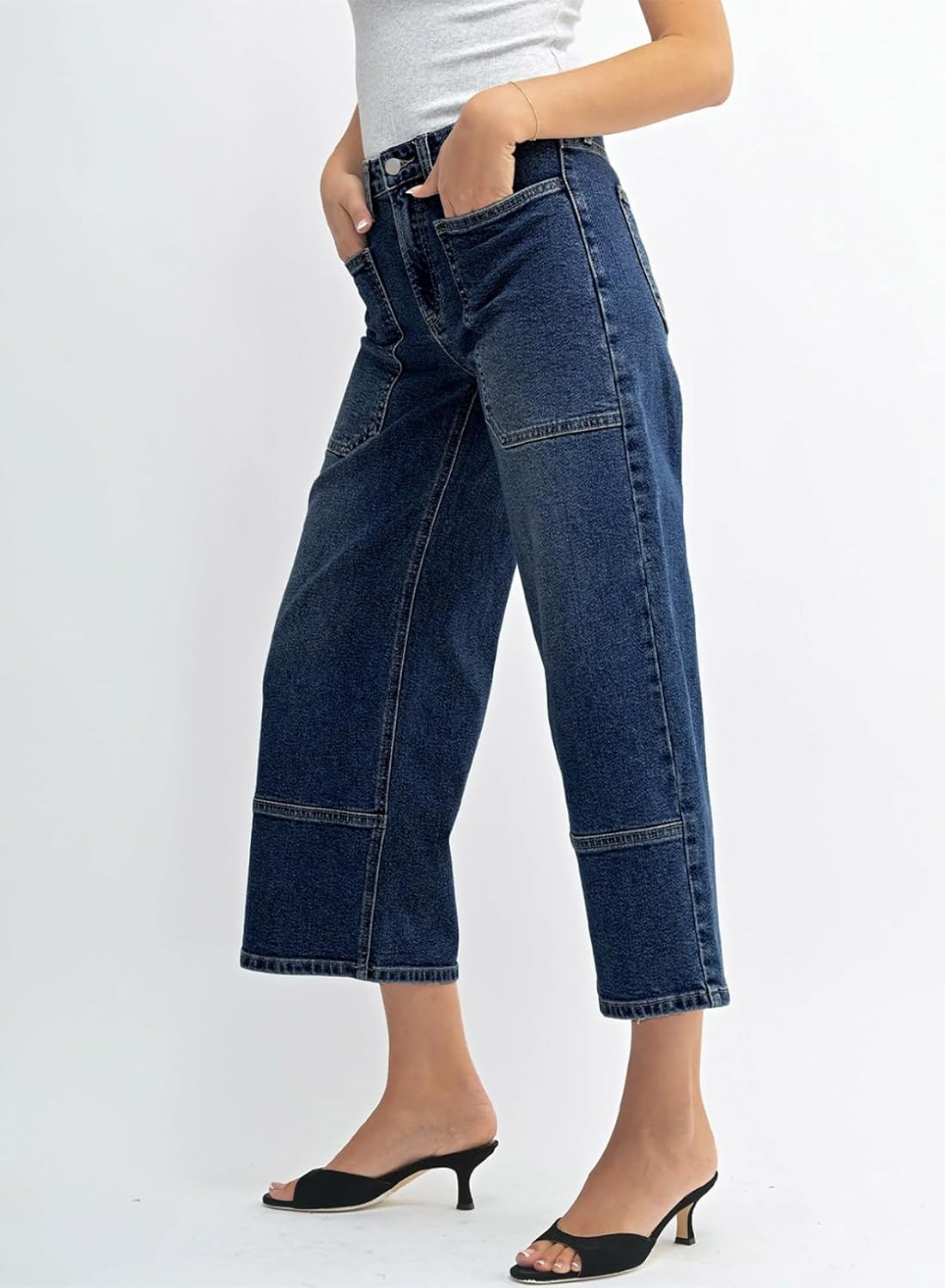 Sidefeel Women's Wide Leg Jeans High Waisted Stretchy Big Pockets Capri Denim Pants - Image 4