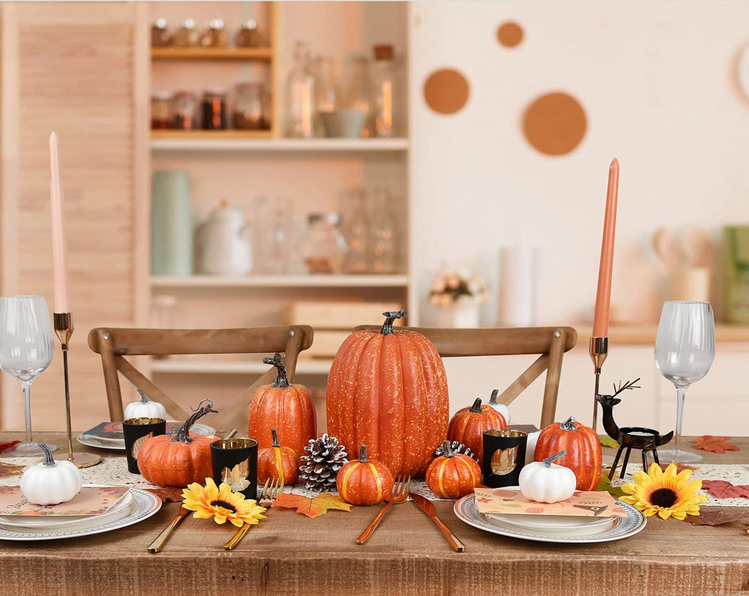 Lvydec Artificial Pumpkins Set Harvest Decoration, 7pcs Assorted Size Orange Pumpkins Realistic Large Pumpkins for Halloween Thanksgiving Autumn Festive Party Supplies (Orange)