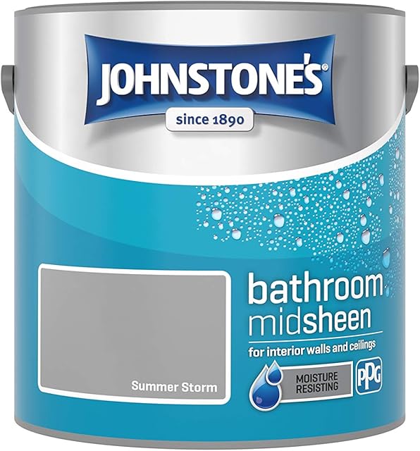 Johnstone's - Bathroom Paint - Summer Storm - Mid Sheen Finish - Stain Blocker Paint - Use in Moist & Damp Areas - Low Odour - Dry in 1-2 Hours - 12m2 Coverage per Litre - 2.5L