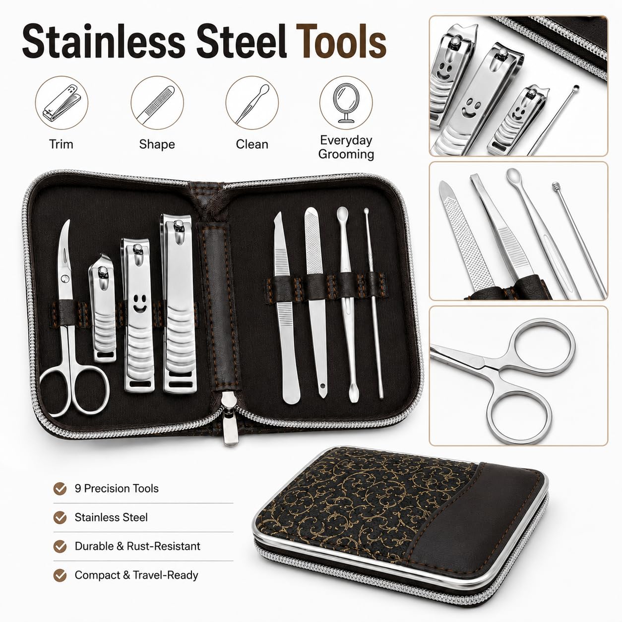 10 Piece Manicure Pedicure Kit Stainless Steel Nail Clipper Grooming Set with Portable Brown Gold Travel Case for Men Women image 4