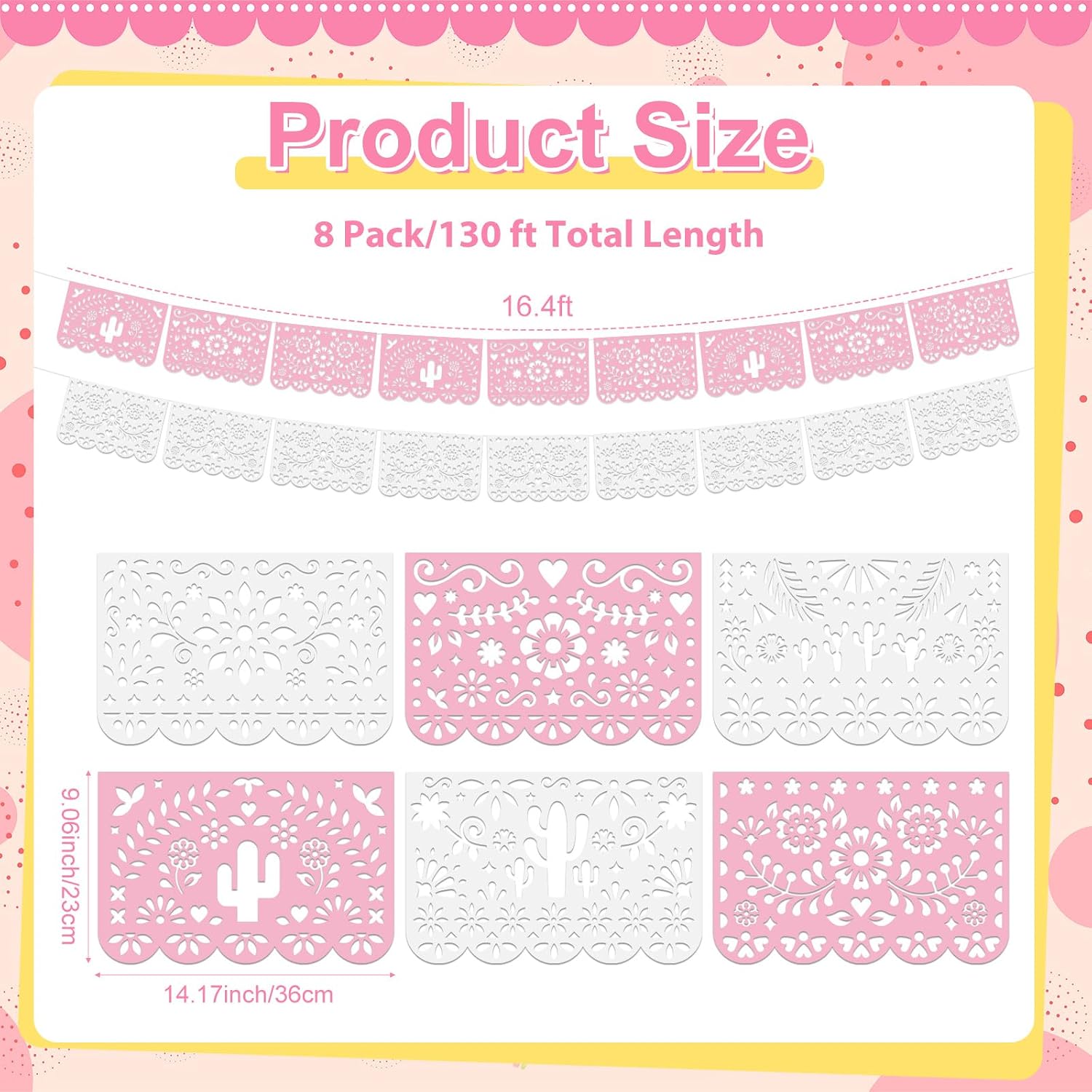 Tiamon 8 Pack Papel Picado Banner Garland, Plastic Mexican Party Decorations for Fiesta, Cielito Lindo Cinco de Mayo, Baby Shower, Day of the Dead, Indoor Outdoor Hanging Decor (Pink White) image 2