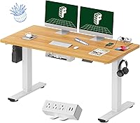 FlexiSpot EN2 Electric Standing Desk 55x28 Whole-Piece Maple Top, Clamp Power Strip, Height Adjustable White Frame