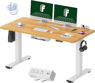 FlexiSpot EN2 Electric Standing Desk 55x28 Whole-Piece Maple Top, Clamp Power Strip, Height Adjustable White Frame