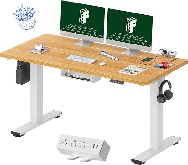FLEXISPOT EN2 Whole-Piece Standing Desk with Clamp Power Strip, 55 x 28 Electric Stand Up Height Adjustable Desk with Cable Management (White Frame + 55" Maple Top, 2 Packages) - 1
