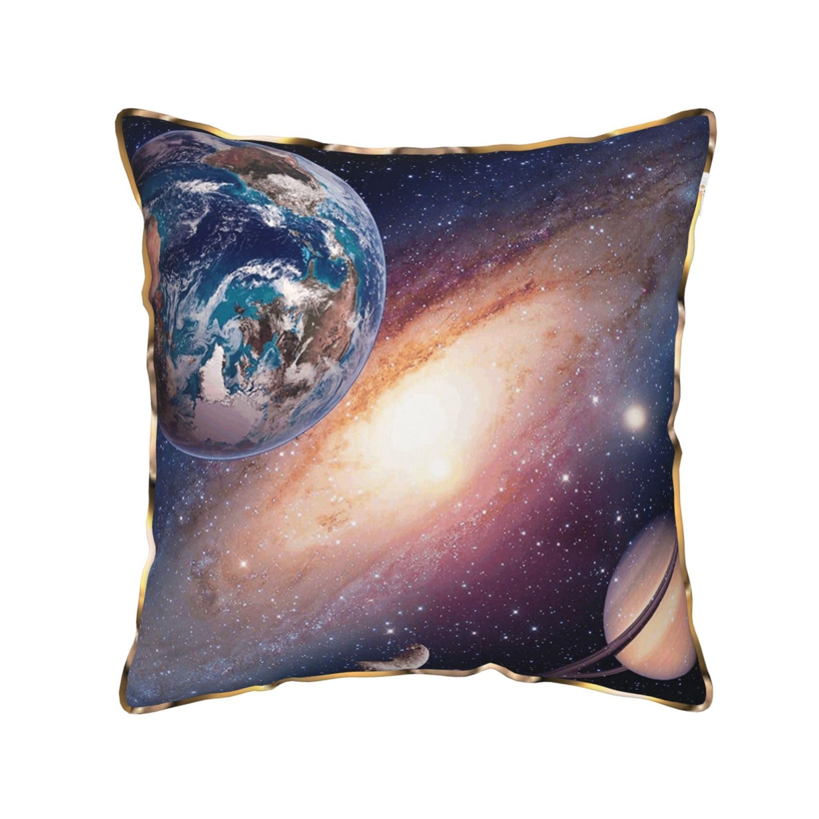 AUBKFELD Universe Planet Printed Velvet Cushion Cover 50x50 CM with Gold Edging Strip, Square Pillowcase Soft Throw Pillow Covers Case Decorative for Living Room Sofa Couch Bed Bench