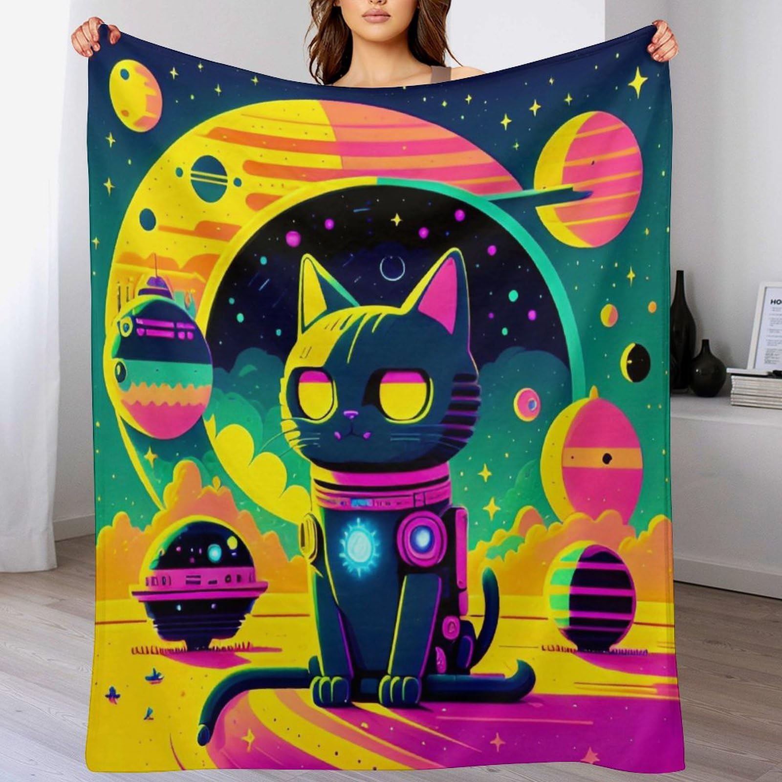 Couverture polaire chat space color ultra moelleuse et chaude pour canapé