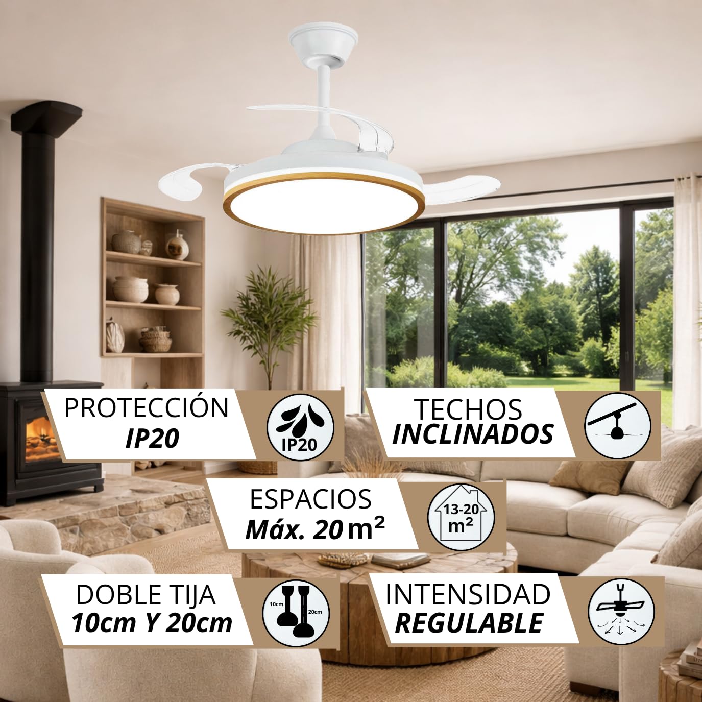 NARVI Ventilador de Techo Madera Roble MORAIRA con Luz LED Regulable, Motor DC Silencioso de Bajo Consumo, Lámpara Ventilador con Mando a Distancia, 3 Aspas Retráctiles, Función Invierno Verano,