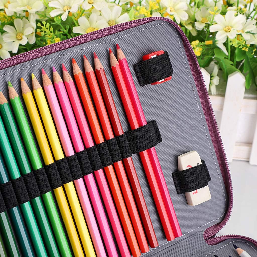 BTSKY Colored Pencil Case- 120 Slots Pencil Holder Pen Bag Large Capacity Pencil Organizer with Handle Strap Handy Colored Pencil Box with Printing Pattern Purple Star