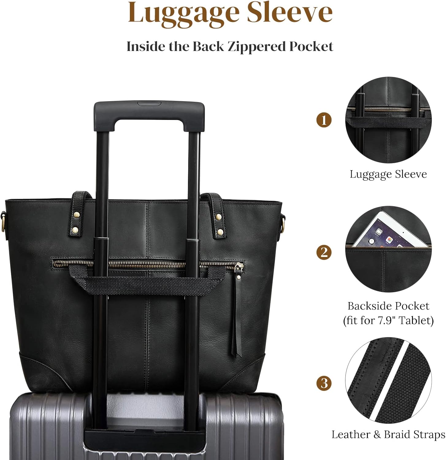 S-ZONE Genuine Leather Tote Bag for Women Work Shoulder Crossbody Purses Handbag with Outside Pockets - Image 6