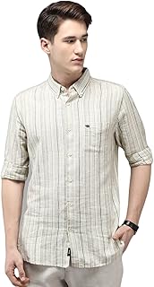 THE BEAR HOUSE Men's Striped Slim Fit Cotton Linen Casual Shirt | Green | TBH-INGO-CR