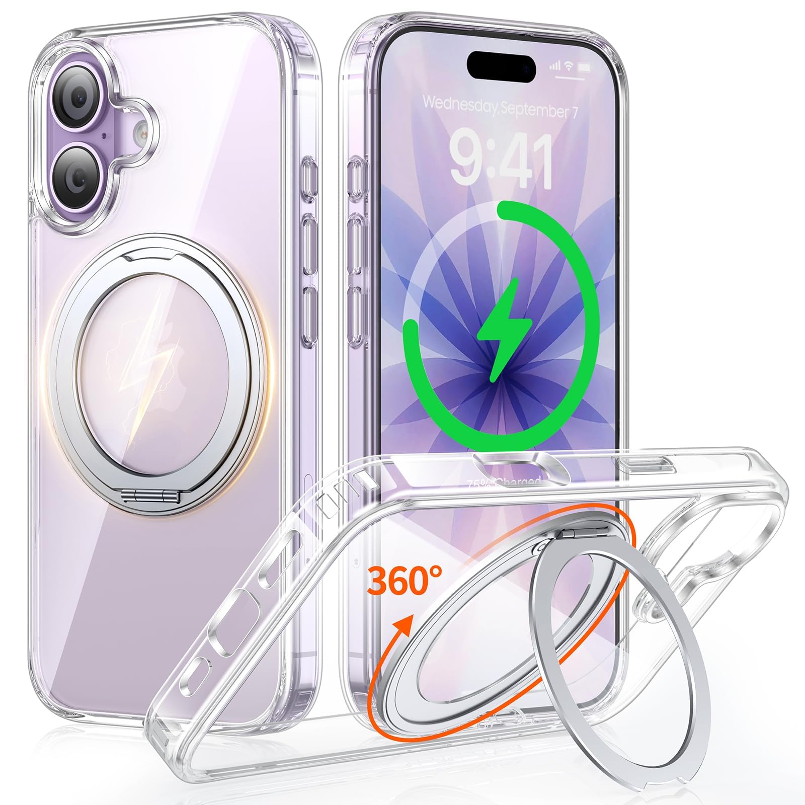 iPhone 17 用 ケース MagSafe対応 360度回転スタンド 縦横両…
