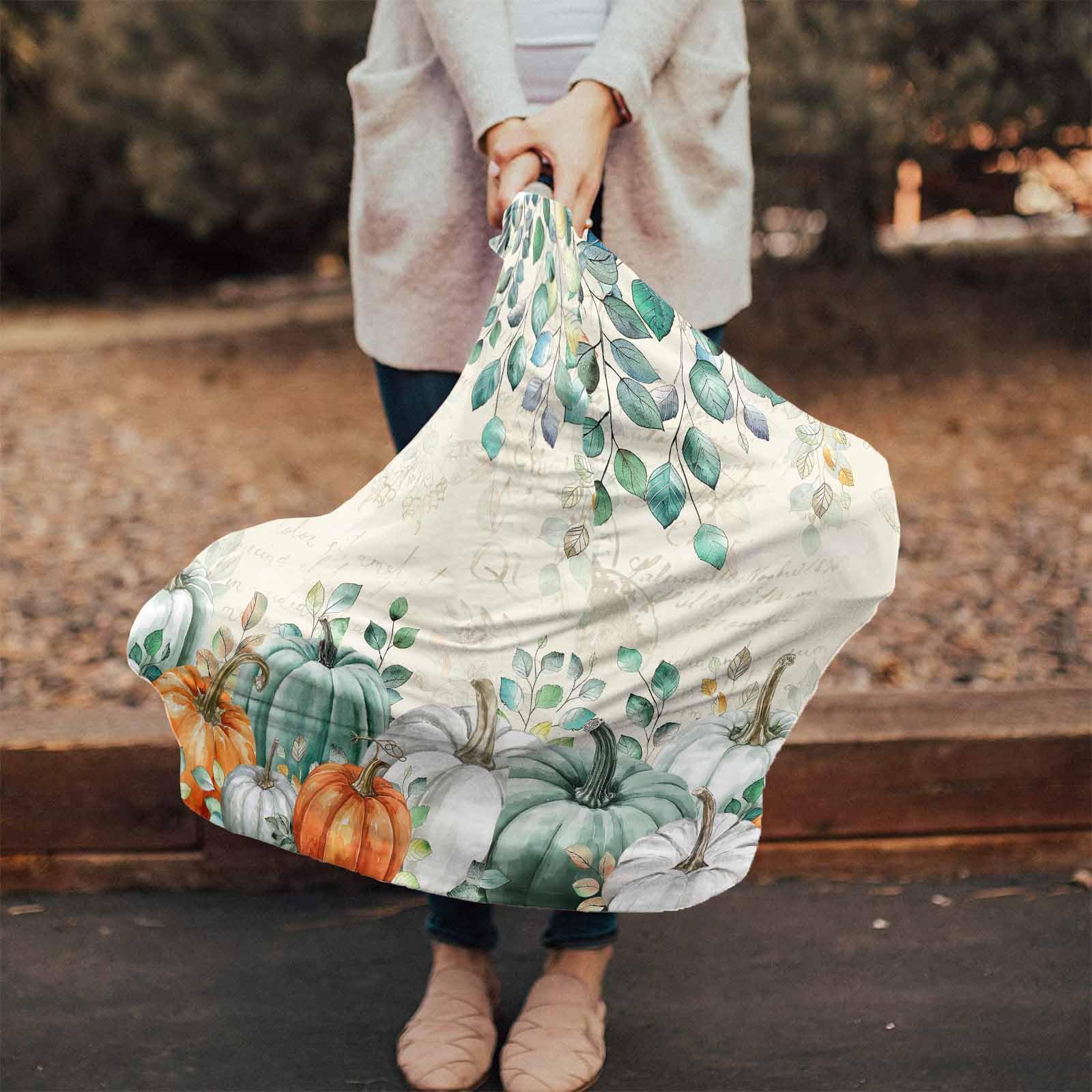 Nursing Cover for Breastfeeding Scarf, Green Leaves White Pumpkins Retro Letter Baby Car Covers Super Soft Multi Use for Canopy Shopping Cart Cover Blanket Stroller Cover