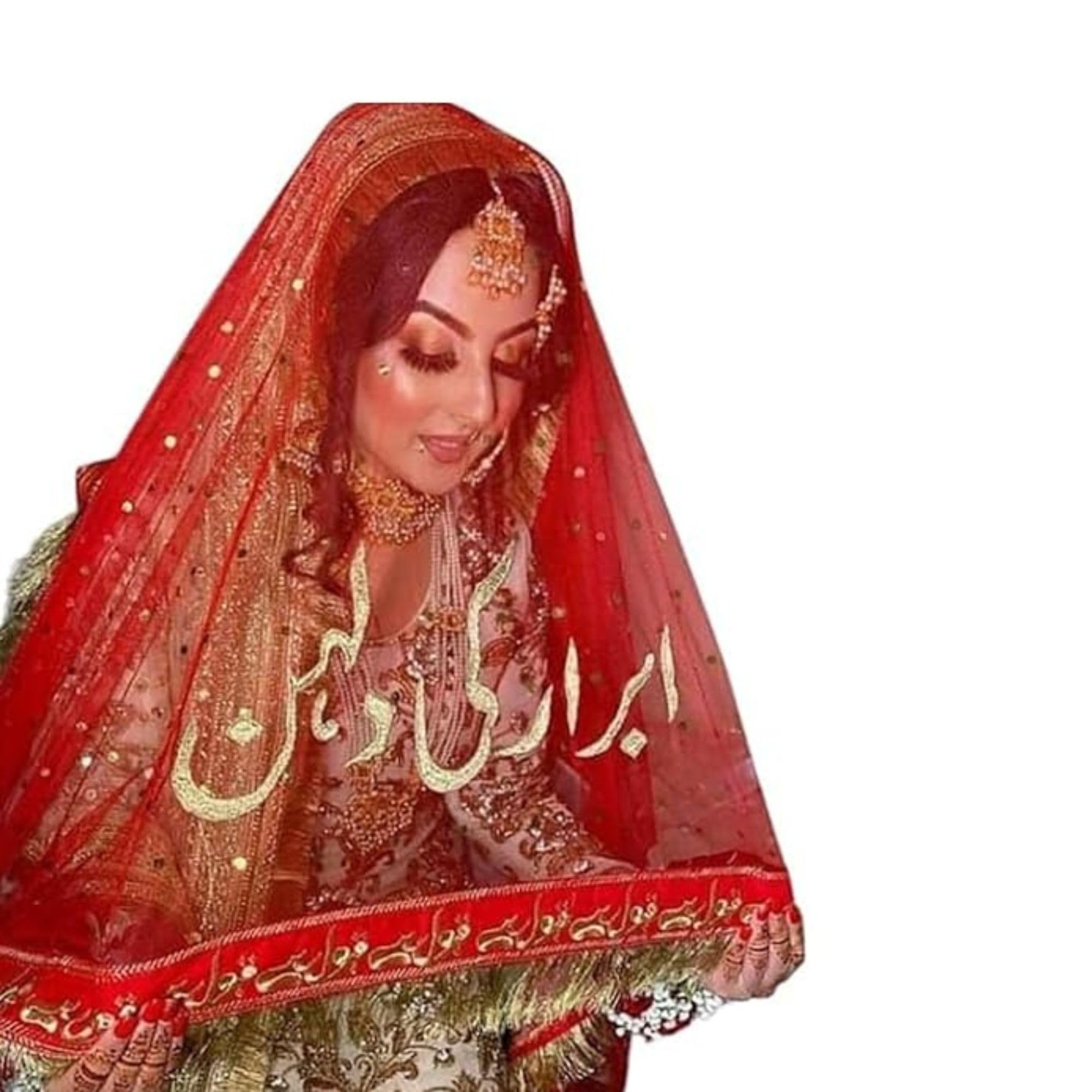 Customized Bridal Nikkah Dupatta Islamic Calligraphy Veil in Red Maroon with Zari & Crystal Stones-image-2