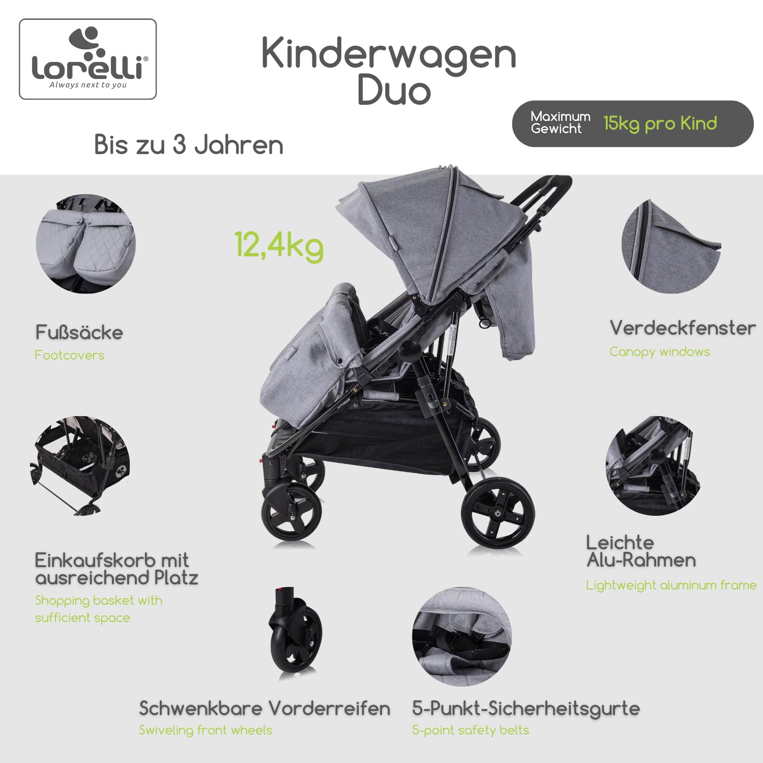 Lorelli silla de paseo gemelar dúo plegable ajustable cubrepiés bolsa de pañales, color:gris claro