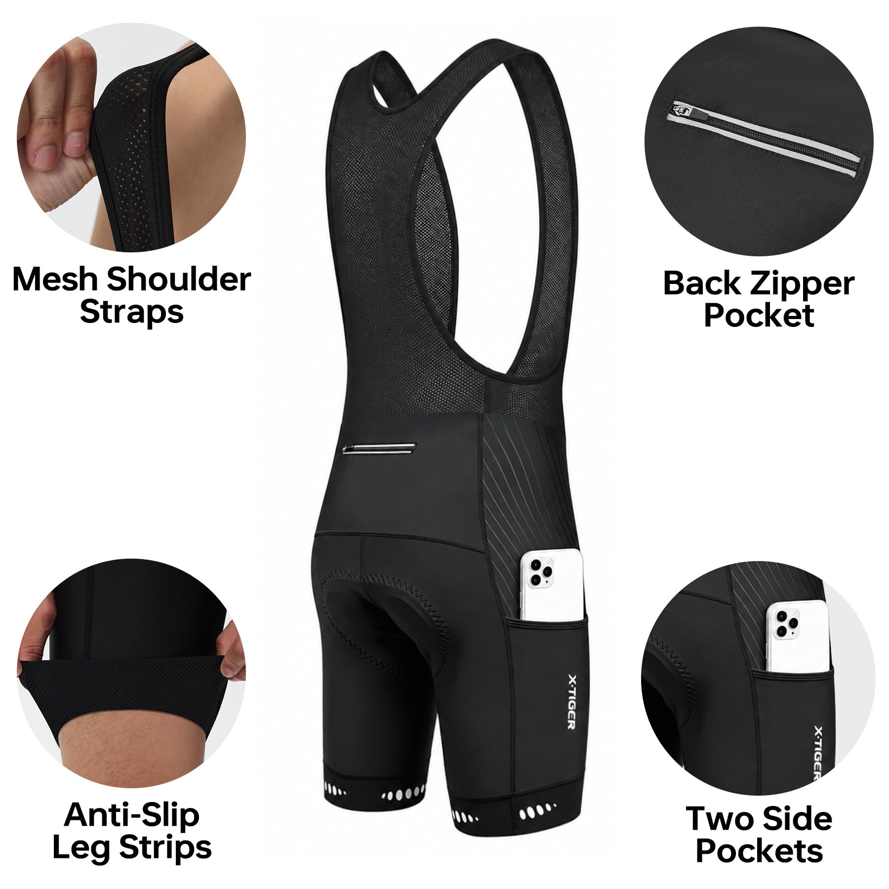 X-TIGER Culotte Ciclismo Bibs Shorts Hombre Almohadilla Gel 5D 3 Bolsillos Transpirable Secado rápido Ciclismo Montaña
