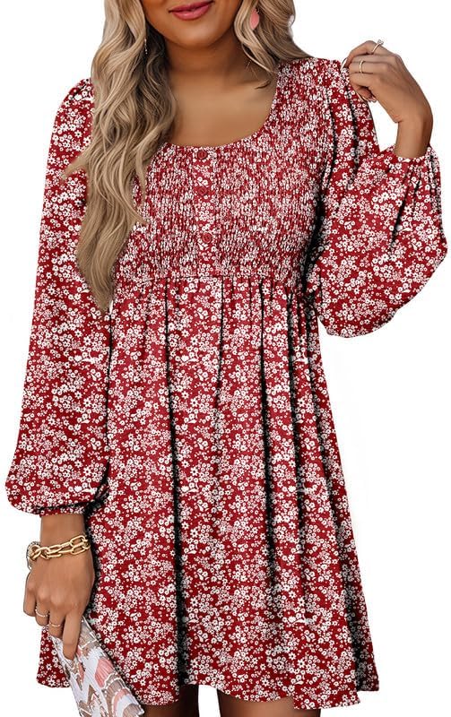 Dokotoo Womens 2025 Casual Dresses Smocked Crewneck Button Up Long Sleeve Empire Waist A-Line Mini Dress