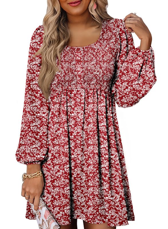 Image of Dokotoo Fall Dresses for Women 2026 Casual Long Sleeve Mini Dress | Smocked Crewneck, Button Up, Empire Waist, A-Line Hem, Solid Color, Floral Pattern