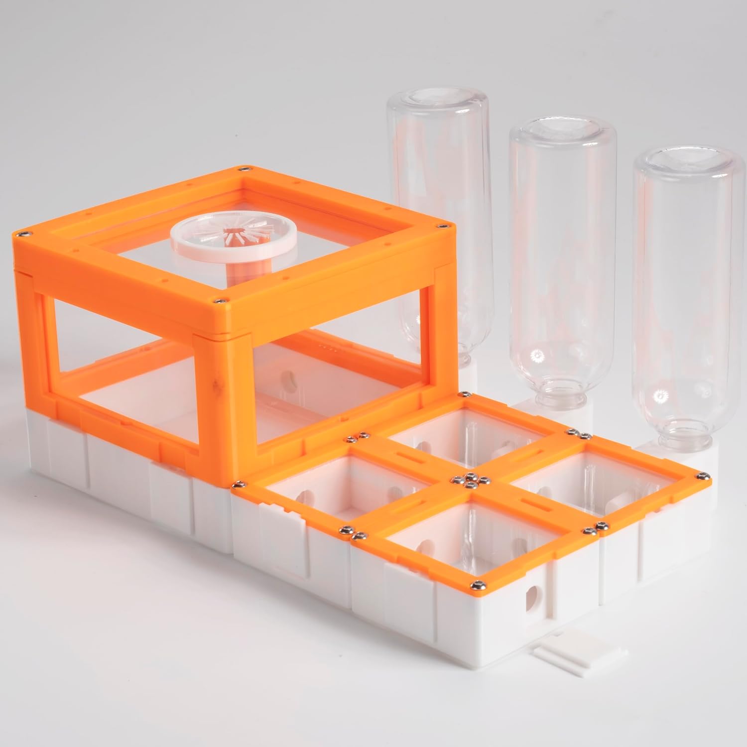Ant Farm Observation Nest with Feeding Bottles, Orange and Clear Acrylic Frame, Multiple Activity Chambers, Expandable Design