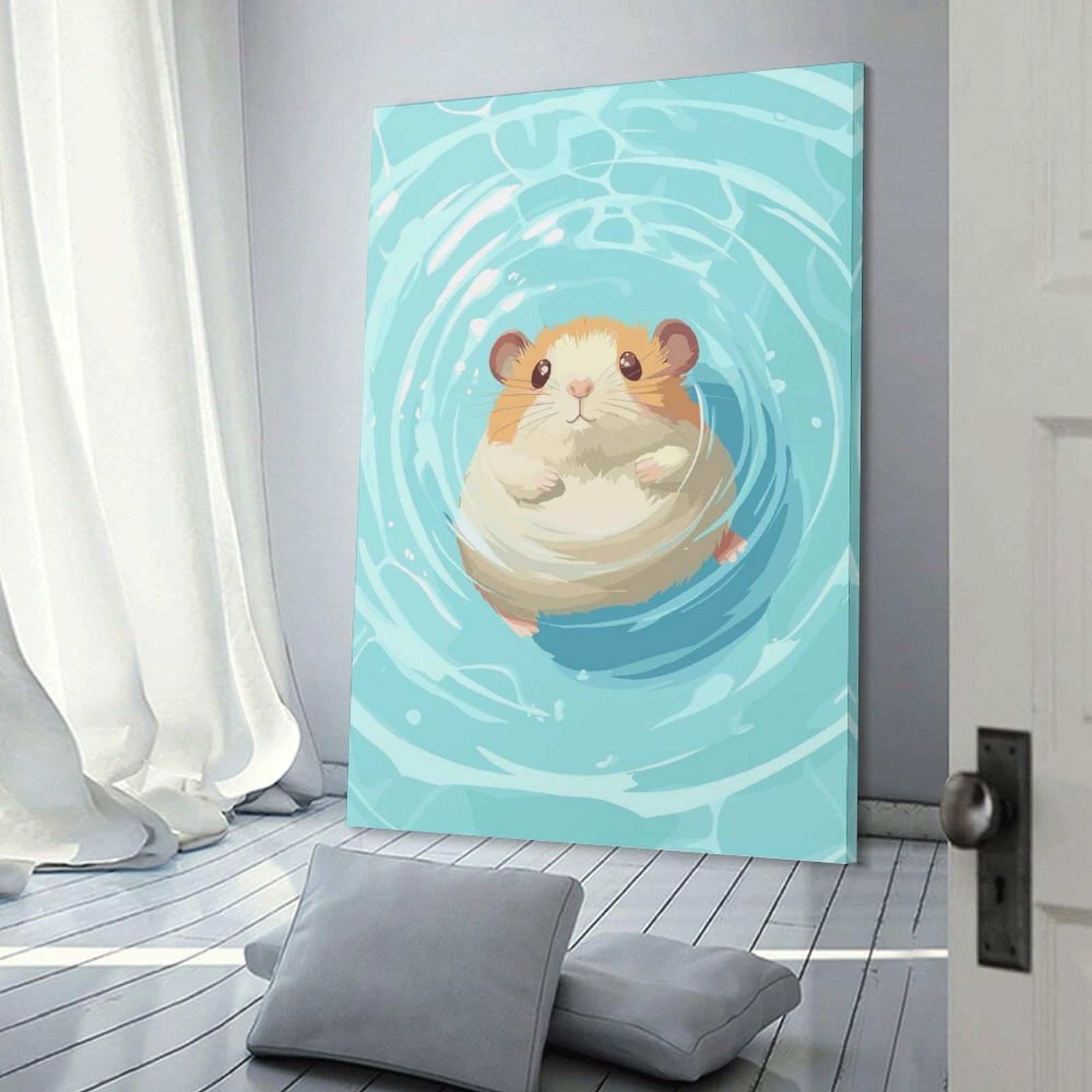 Junmoney Hamster Floating in Water Illustration Canvas Wall Decor, 16x24inch(40x60cm), for Lounge Decor, Bedroom Walls Or Flats, Eye Catching Artwork for Blank Walls