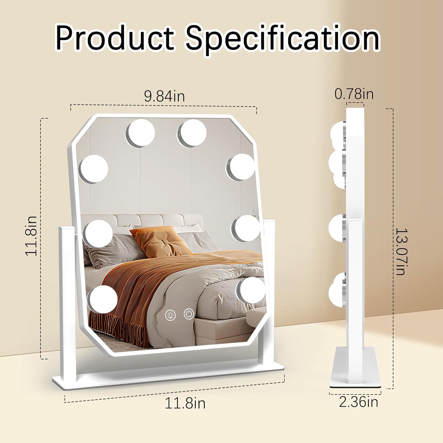9.8"x11.8" Hollywood Vanity Mirror with LED Lights, 3 Color Modes & 5X Magnifying Mirror, 360° Rotation Tabletop Desk Makeup Mirror for Dorm & Bedroom, White