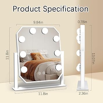 9.8x11.8 Hollywood Vanity Mirror with LED Lights, 3 Color Modes & 5X Magnifying Mirror, 360 Rotation Tabletop Desk Makeup Mirror for Dorm & Bedroom, White