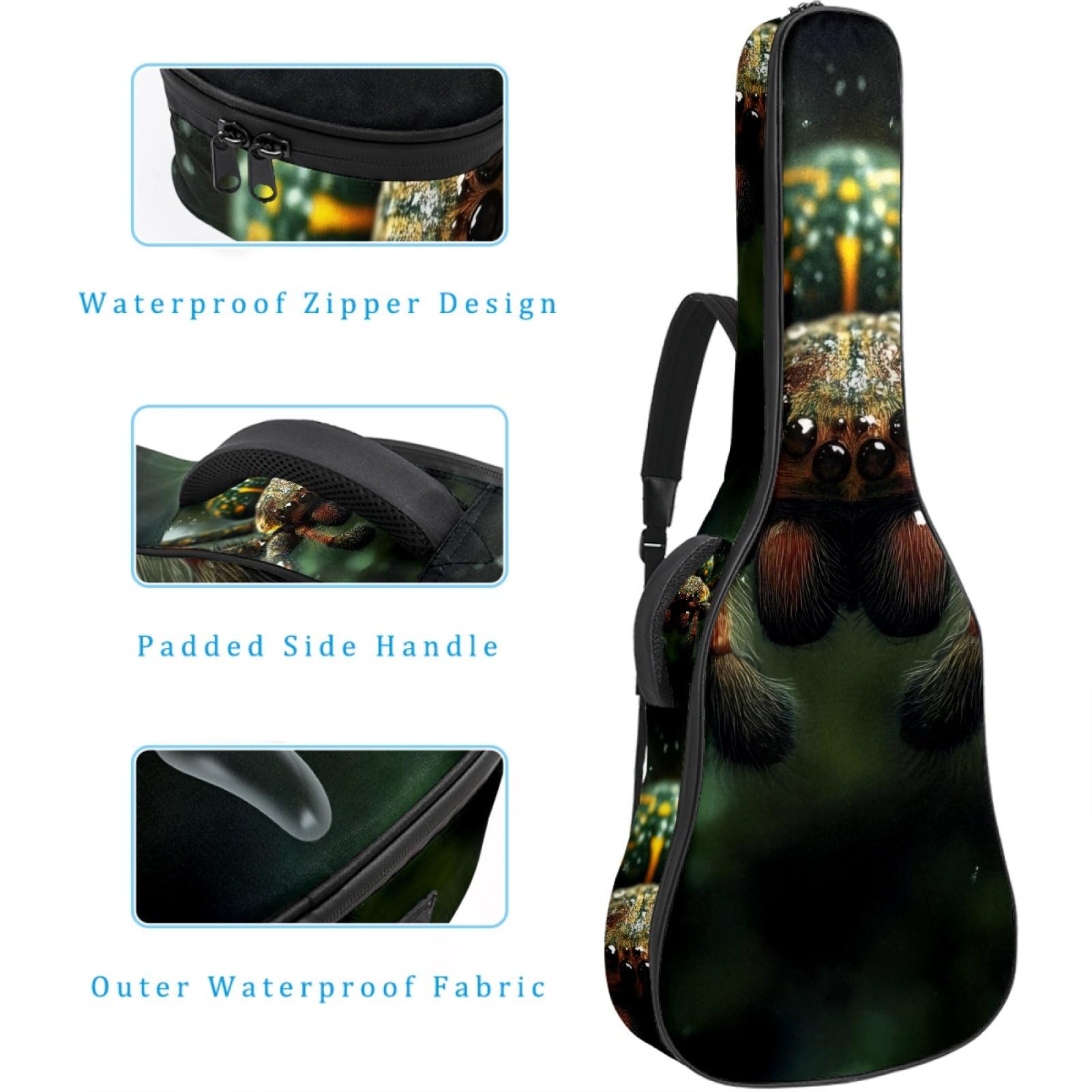 43 Zoll Akustikgitarre Softcase mit Rucksackgurt und 2 Taschen Grüne Spinne, Keine Polsterung Rucksack Wasserdicht Oxford Tuch Bassgitarre Gigbag für Konzertgitarre, Mehrfarbig 1