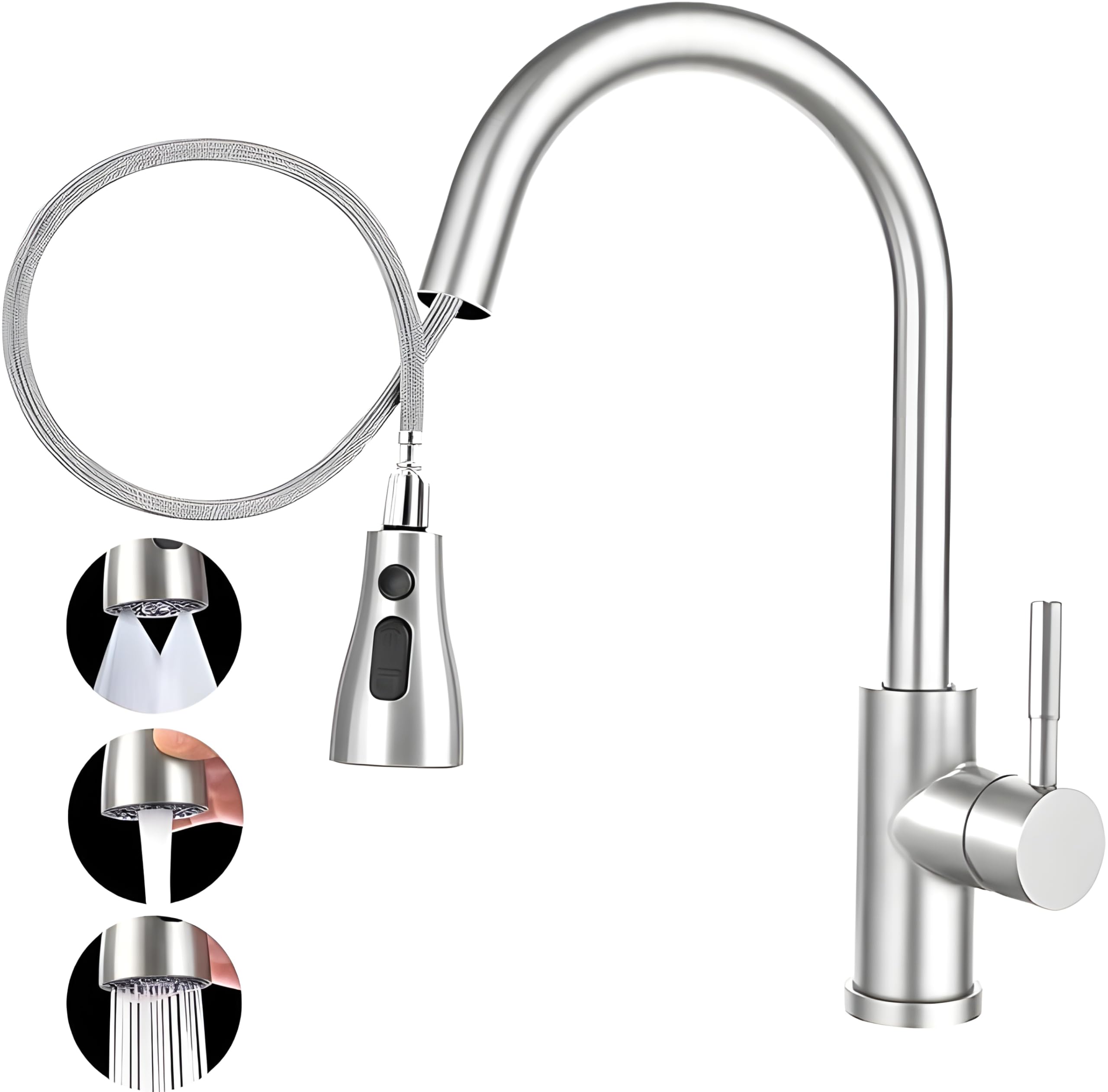 Stainless Steel Kitchen Faucet Pull Down Mixer with 3 Water Modes, Single Handle High Arc Kitchen Sink Tap,360° Swivel,Modern Deck Mount for Hot & Cold Water,Milano Kitchen Mixer