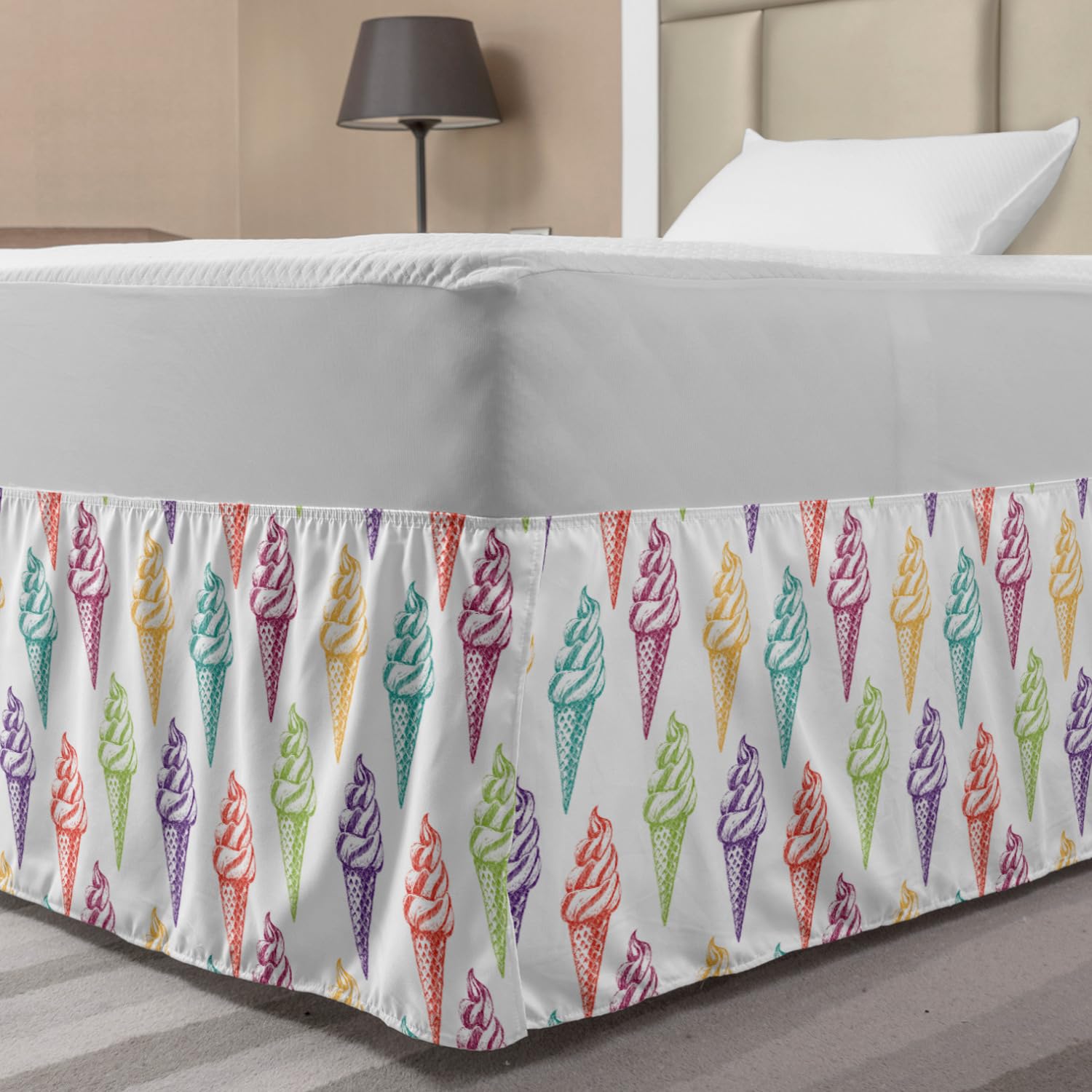 Ambesonne Ice Cream Bedskirt Colorful Sketchy Drawn Summer Dessert on Cone Delicious Vanilla Print Bedroom Decor Wrap Around