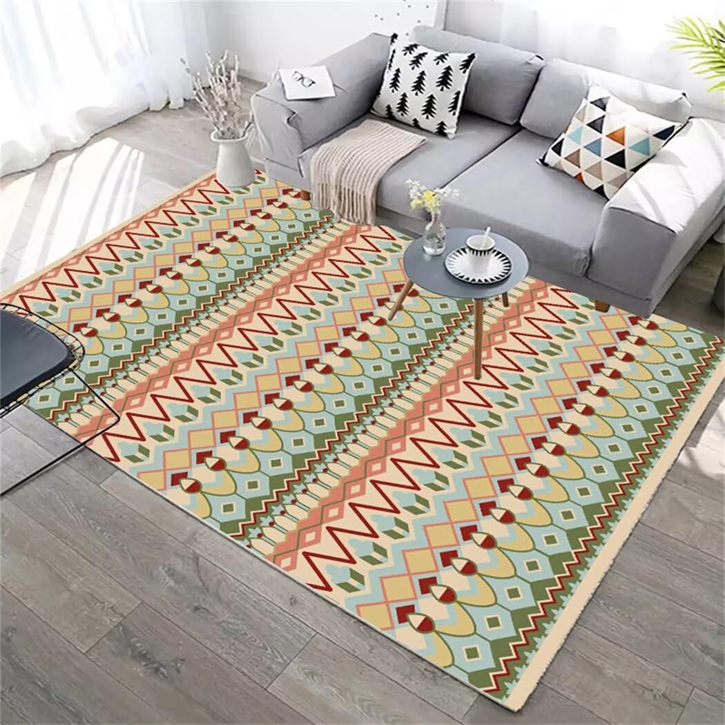 Tapis lavable à motif géométrique bleu pour salon et chambre d'enfant