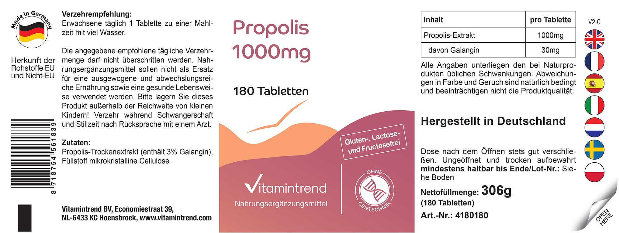 Vitamintrend Extrait de propolis 1000 mg, 180 comprimés, hautement dosé, complément alimentaire sans stéarate de magnésium, fabriqué en Allemagne