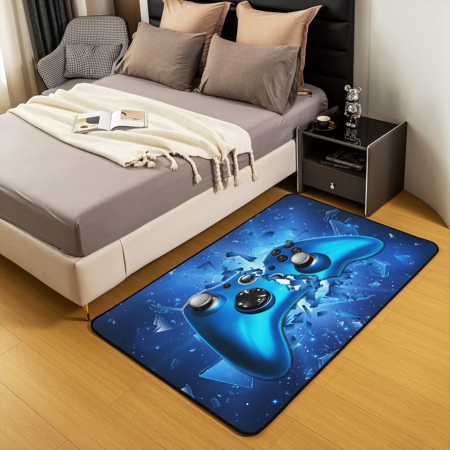 Loussiesd Dywan dla graczy, 100 x 150 cm, niebieski, gamepad, gamingowy, salon, dywan do sypialni, domu, dekoracyjny nowoczesny kontroler konsoli do gier, dywan, ultramiękka antypoślizgowa mata
