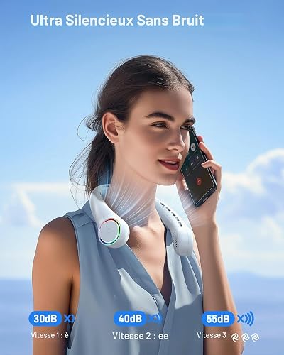 Ultrlent - Ventilateur de Cou Portable sans Pales - 3 Vitesses - 4000 mAh - Silencieux - USB - avec Lumière LED - Cadeau pour Homme et Femme - 6