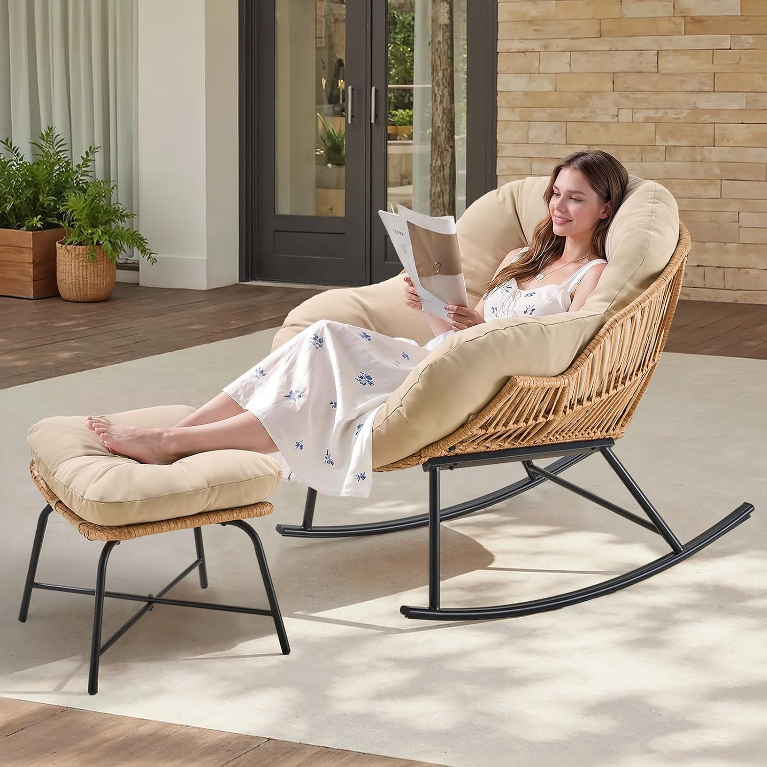 ONBRILL Papasan Rocking Chair with Ottoman - Oversized Outdoor Indoor Rocker, 400lb Capacity, Beige Cushion