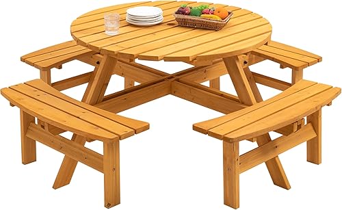 Miniatura 8 de Goujxcy Mesa de picnic circular de madera para 6 personas, mesa de picnic redonda de madera para exteriores con 3 bancos incorporados, agujero de