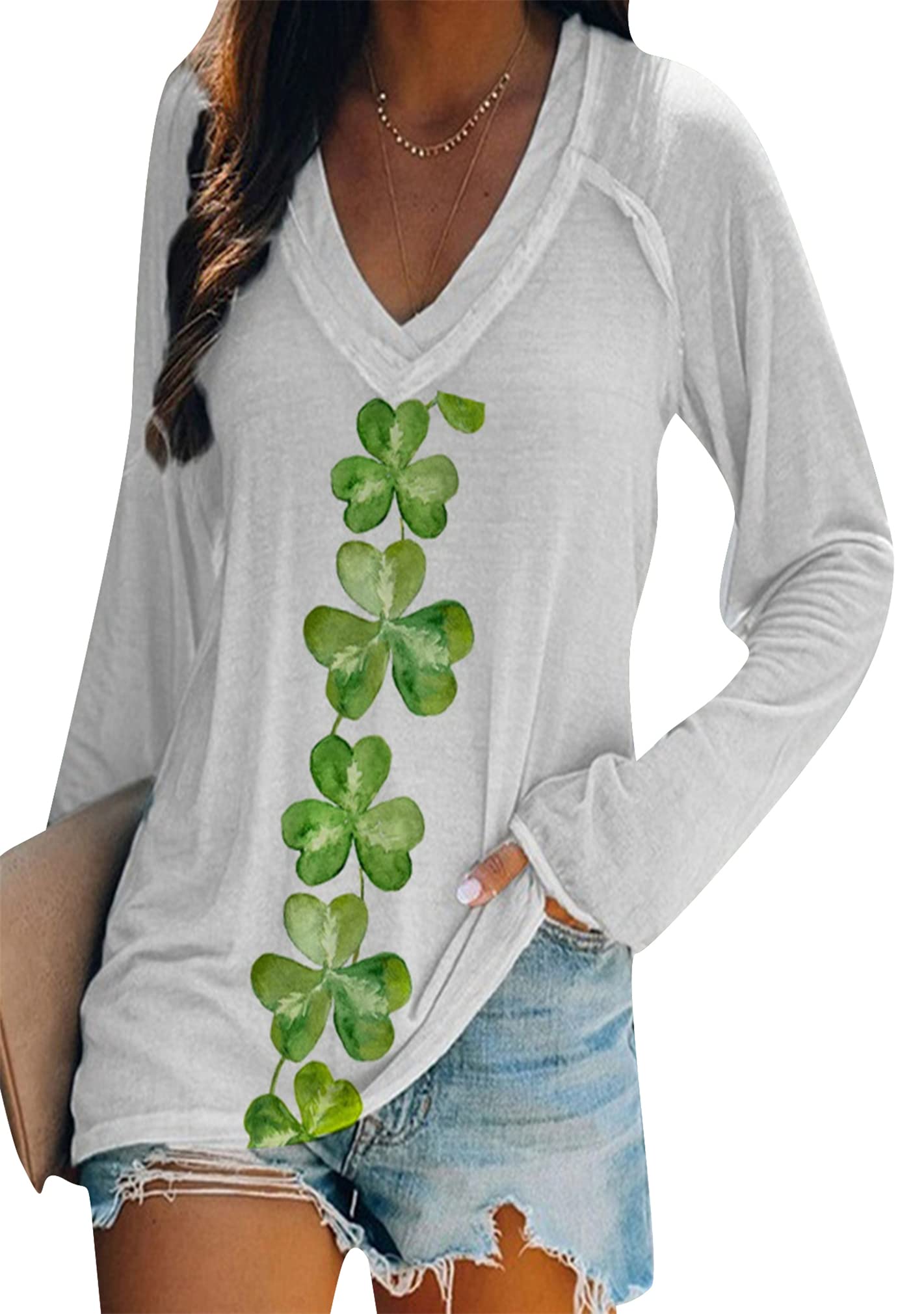 BOFETA Women St Patricks Day Sweatshirts Loose Long Sleeve Shirts Green Shamrock Print Blouse Flowy Color Block Pullover Tops
