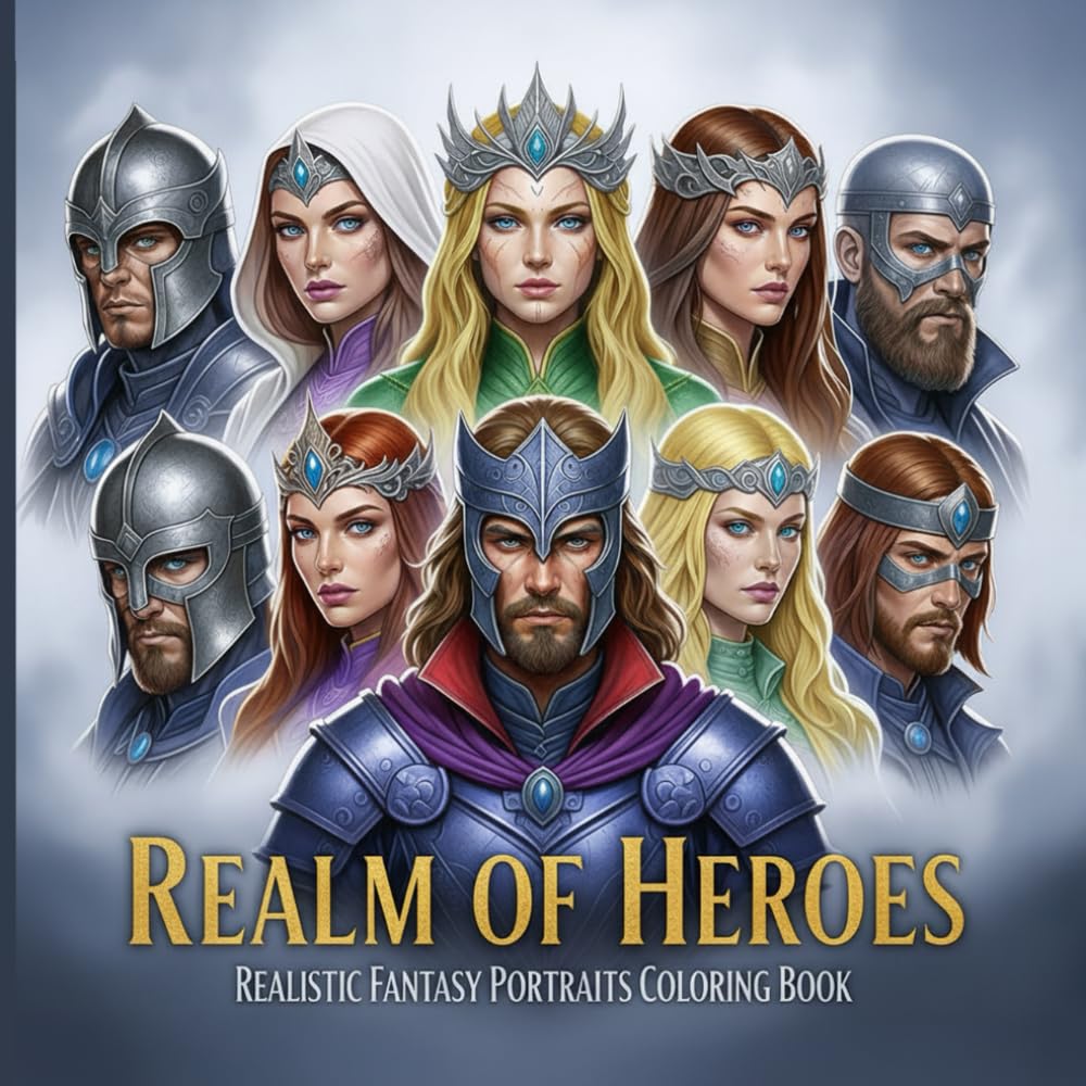 Realm of Heroes: Realistic Fantasy Portraits Coloring Book: Bring Legendary Warriors, Mystics, and Royalty to Life with Detailed Waist-Up Portraits