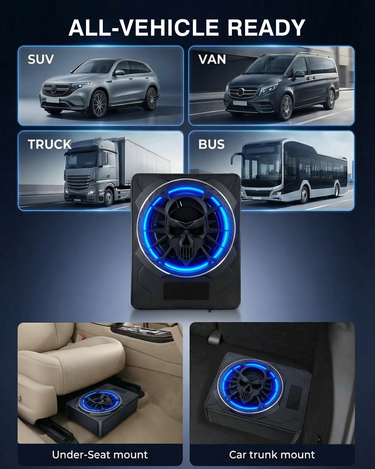 Subwoofer attivo per auto, montabile sotto i sedili, potenza massima 1200W, 10", modulo amplificatore integrato, design compatto ed elegante, illuminazione ambientale RGB controllata tramite APP