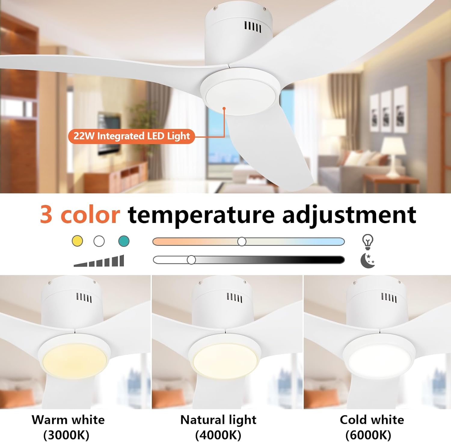 White Ceiling Fan with Light, 52 Inch Flush Mount Low Profile Ceiling Fans and Remote, 6 Speed Reversible Motor 3CCT Dimmable, Modern Plastic 3 Blade Indoor Outdoor Fans for Bedroom Livingroom