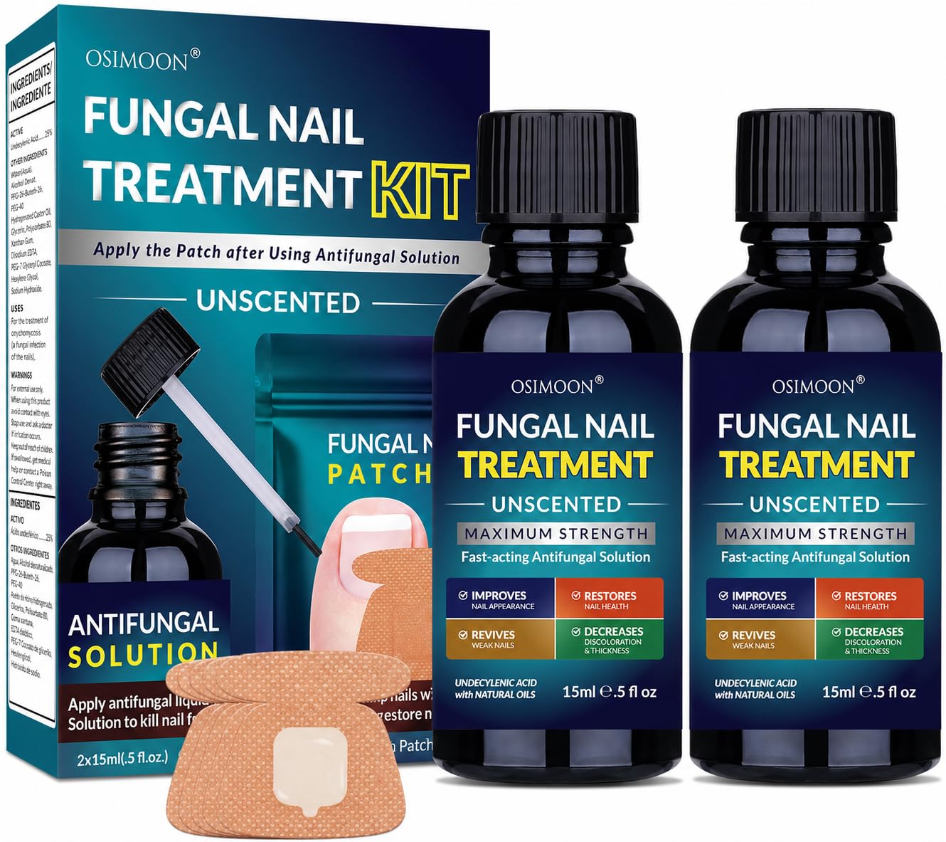 Toenail Treatment Liquid and Patches: Fast Acting Kit for Nail Repair - Extra Strength Solution for Damaged Thick Discolored Cracked Nails - Overnight Toe Finger Nail Renewal Patch