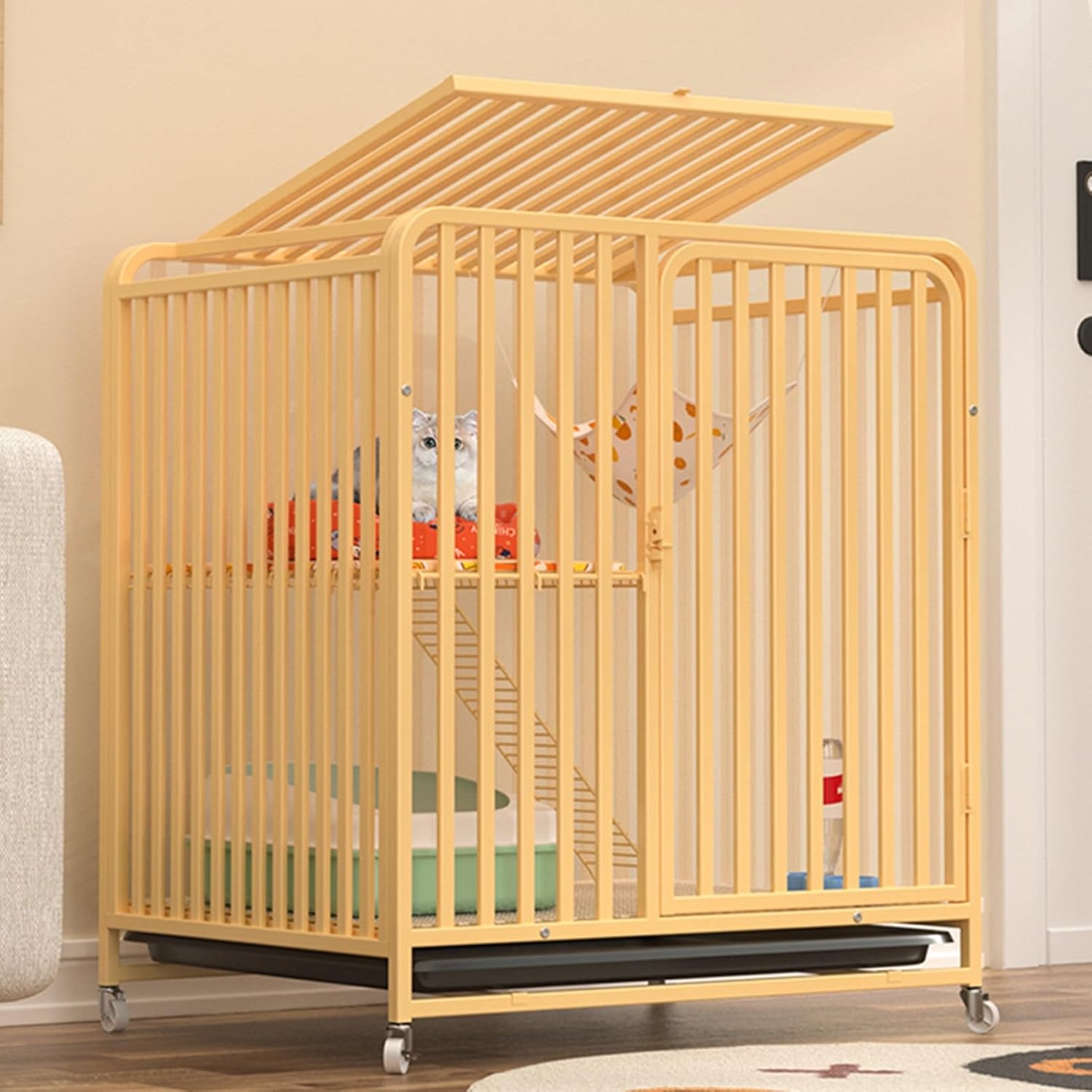 Cat Cage, Metal Cat Enclosures with ladder, Movable with pulleys, Play and live in one cat house, Panoramic perspective, Suitable for 1-2 cats to exercise(Yellow,27.9x29.9/71x76cm)