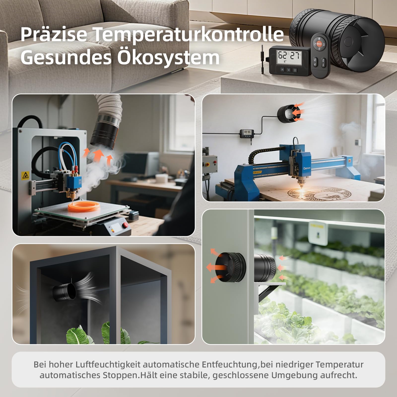 MOCINE Elektronische Lüfter, 100 mm Rohrventilator mit Timer, intelligenter Temperatur- und Feuchtigkeitssteuerung, 5000 RPM, leiser Betrieb, Abluftventilator für Keller, Growzelt, Garage