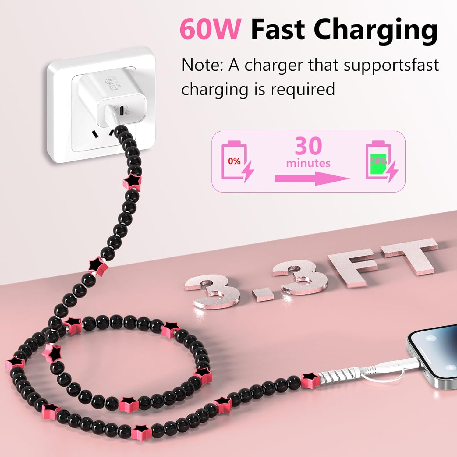 Coolden USB C Cable 2 in 1 Multi Charging Cable Stylish Black Star Beaded Phone Charger for Women Girls for iPhone Charger Cord USB to USB C Cable for iPhone 17/16/15/14, for Samsung S25/S24 - Image 3