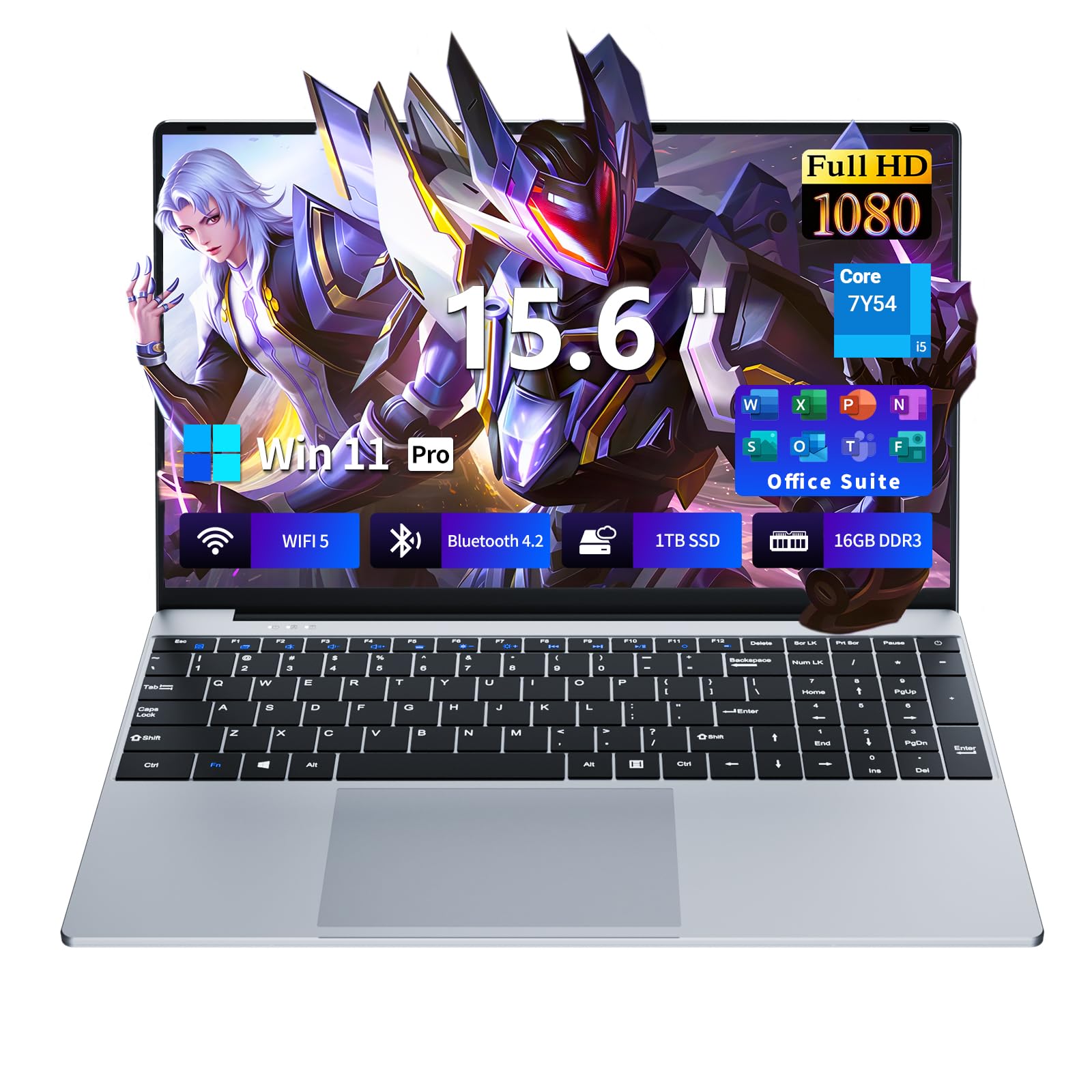 Laptop, Core i5-7Y54 Gaming Laptop, 15.6 Inch Laptop Computer with 16GB RAM 1TB SSD, Laptops with Backlit Keyboard,180° Open,38.5Wh, Mini HDMI, BT 4.2/WiFi 5, Win 11 Pro, Office Set,Business Laptop