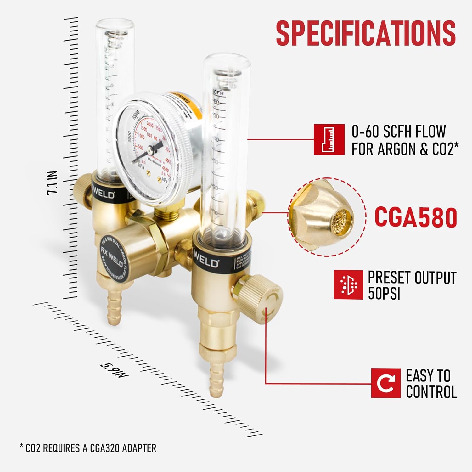 RX WELD Dual Output Argon Regulator Flow Meter Mig Tig 0-60CFH CGA580 Inlet 5/"8 UNF-18RH Outlet